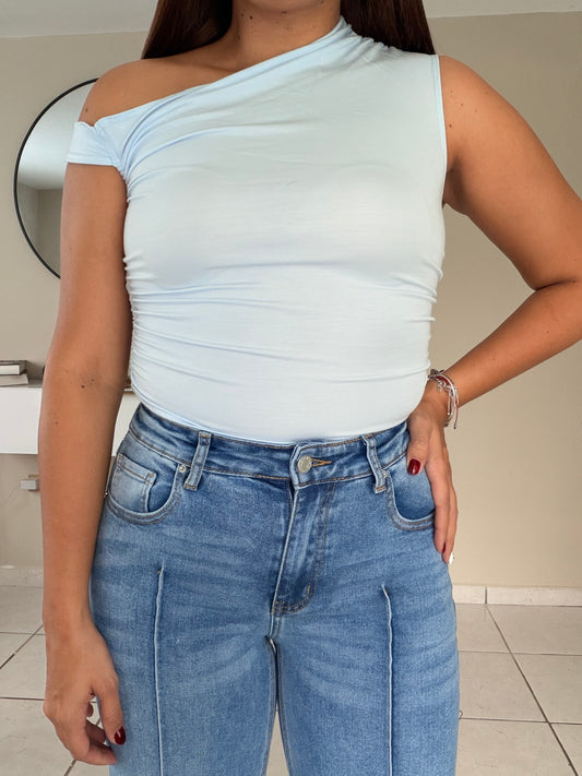 One shoulder blue top